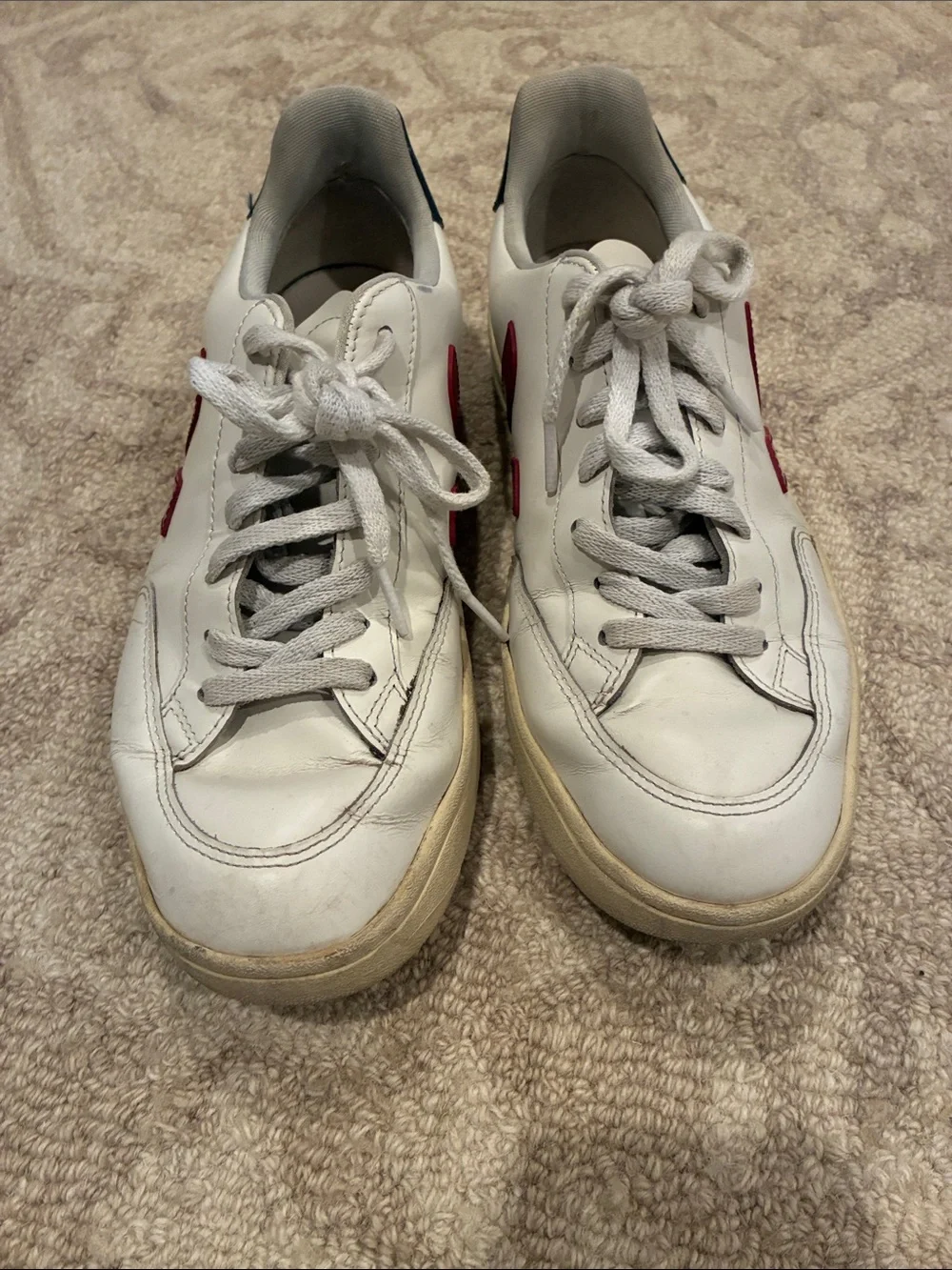 Veja White Leather Sneakers with Red V Detail